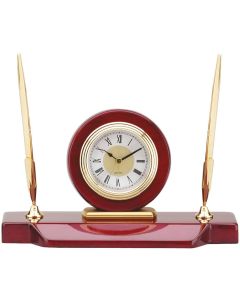 Mahogany & Gold Two Pen Set with Clock